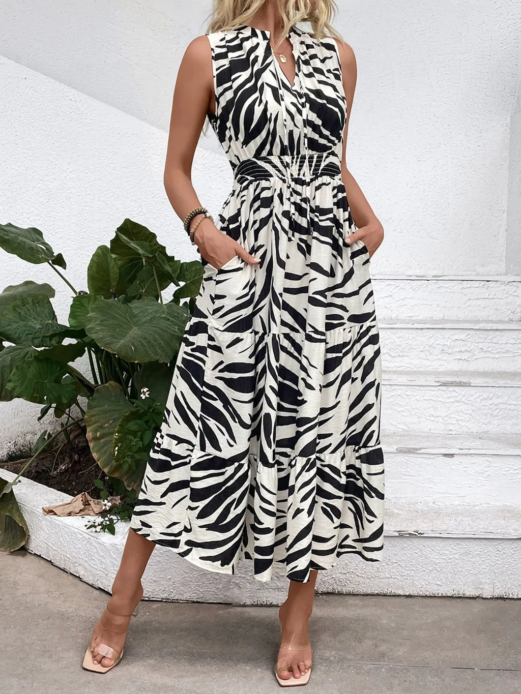 Midi Dress Zebra Printed Notched Sleeveless Pocketed Ealstic Waist Black 91e3efa1-b19a-439c-9036-8307f3b6fc99-Max-Origin Trendsi