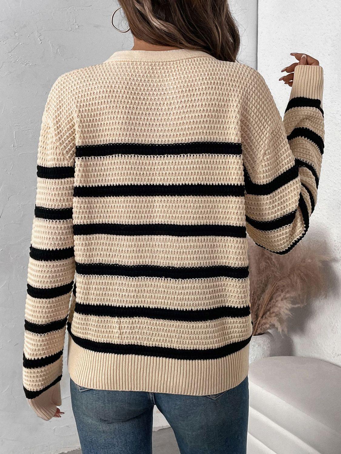 Perfee Striped Sweater Half Button Long Sleeve Knitwear 91f36767-dfbf-4245-abba-8061379e63ce-Max Trendsi