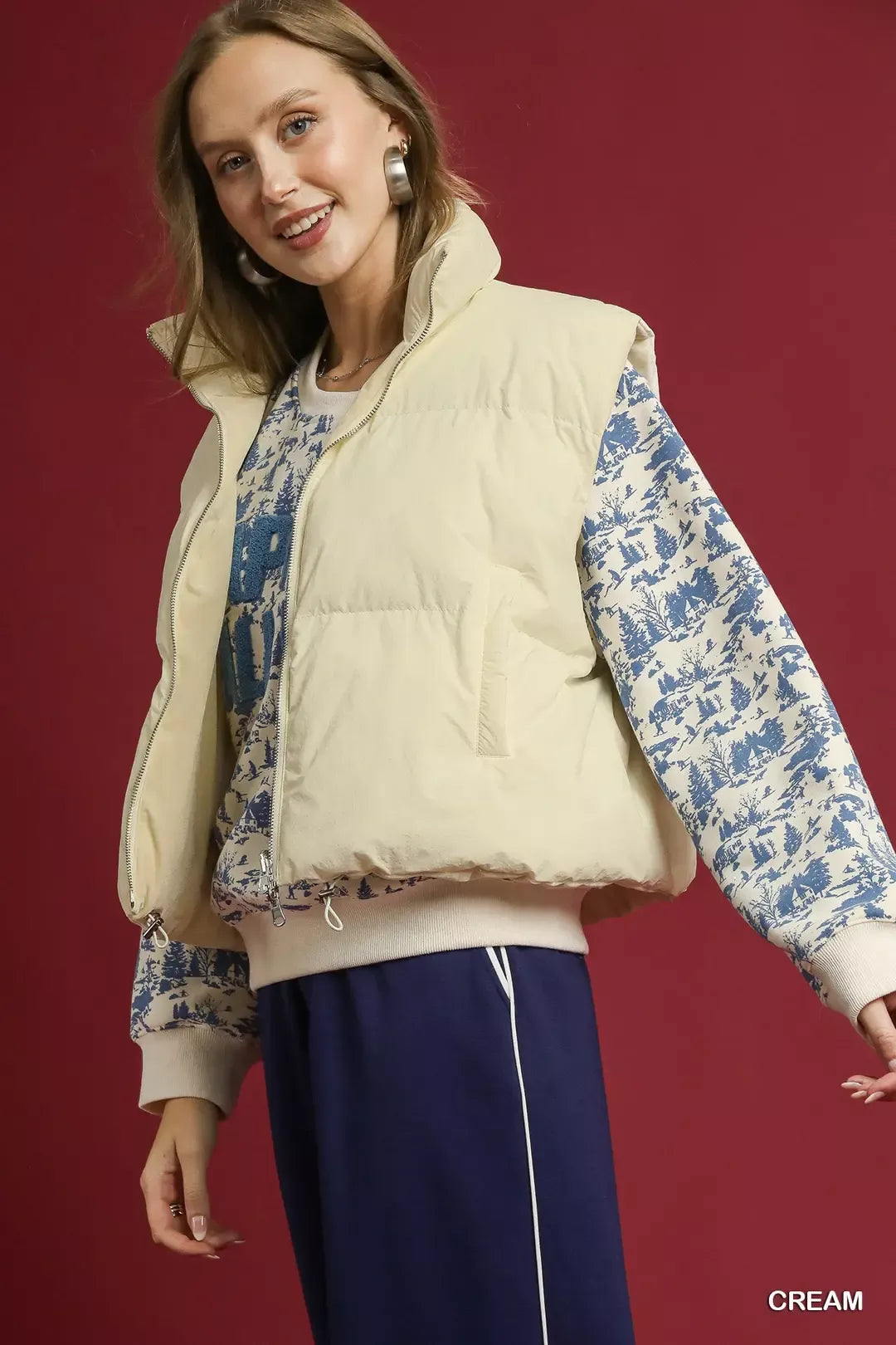 Umgee Womens Puffer Vest Cream High Neck with Zip Front 91f3bb5a-bb8c-45cf-b34a-d6054a399489-Max-Origin Trendsi