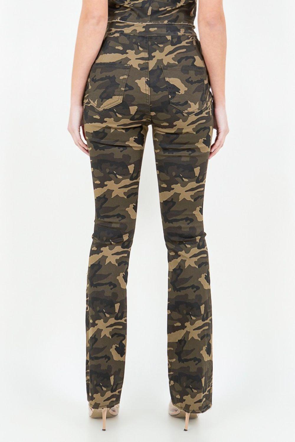 Camouflage American Bazi V-Cut Ruched Camo Flare Pants 91f569b1-9434-46fb-9e51-b0fc9aa9b0ef-Max Trendsi