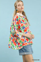 Umgee Womens Shirt Orange Mixed Floral Oversized 3/4 Sleeve Top 91fa6ead-2ec9-43c4-a155-06a489787961-Max-Origin Trendsi