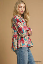 Umgee Women's Blouse Lagoon Mix Floral Peplum with Tie Neck Top 920772b9-c87a-4f1a-b645-d9e69fa26775-Max-Origin Trendsi