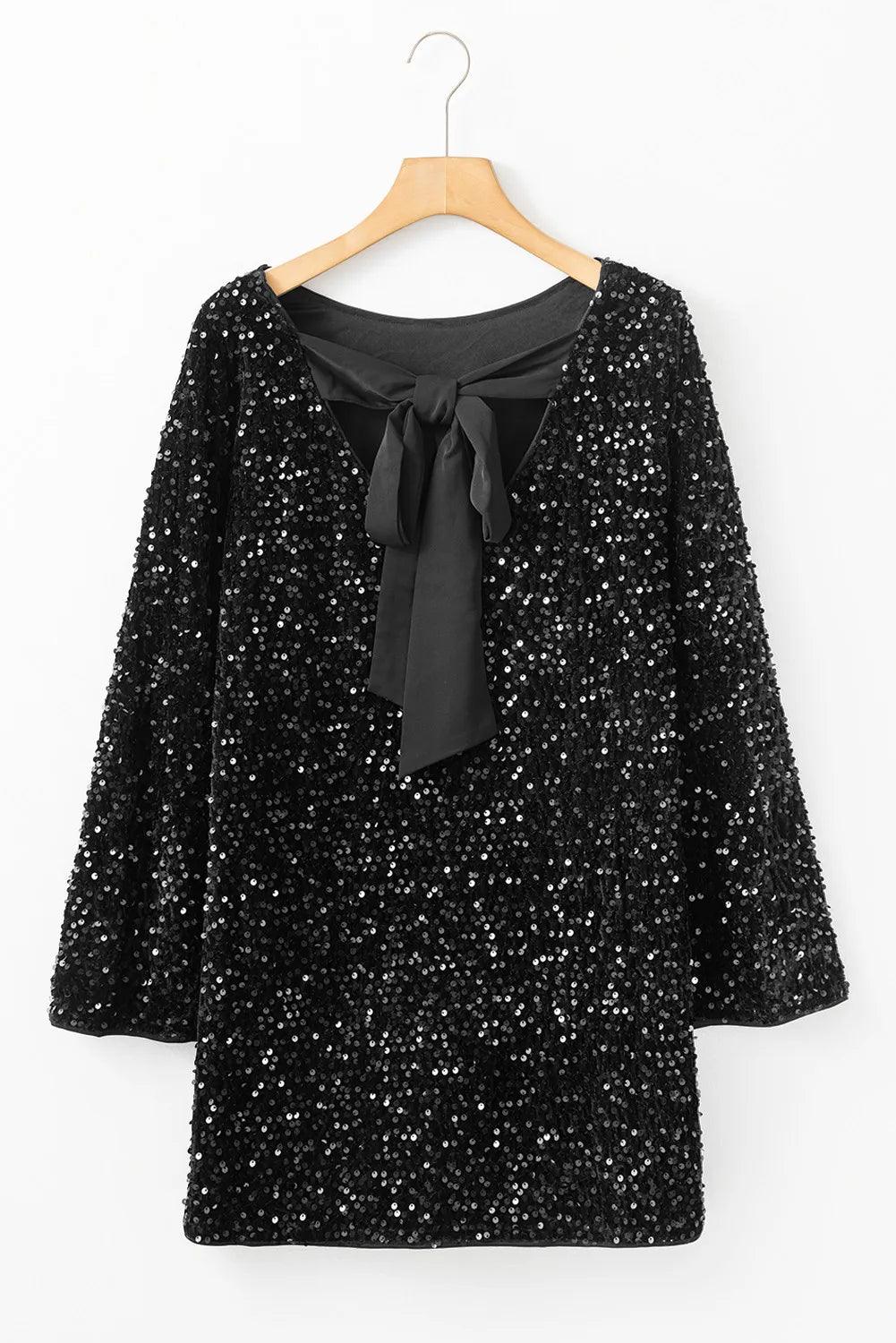 Sequin Mini Dress Bow Back Black Sparkle Round Neck Long Sleeve 921113e9-8cda-4547-b533-6683b3a8cf98-Max Trendsi