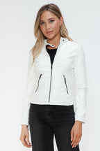 Snobbish Faux Leather Women White Zip Pockets Hooded Basic Jacket 921126d4-f97e-49e0-b2e4-64f5e37a6e3d-Max Trendsi