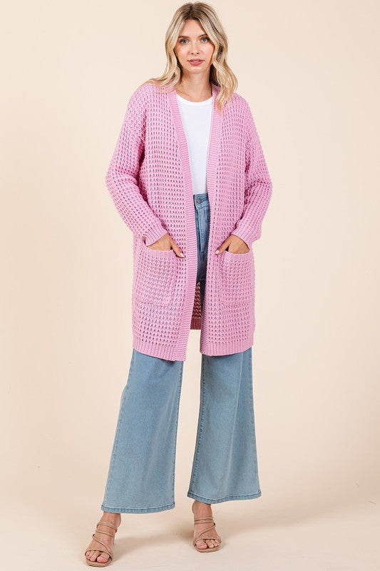 Mittoshop Pink Waffle-Knit Longline Cardigan with Pockets