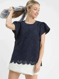 Umgee Blouse Floral Lace Navy Blue Overlay Flutter Short Sleeve Top NAVY 921343b8-100c-45ff-8d45-16fdf441a1f0-Max-Origin Trendsi