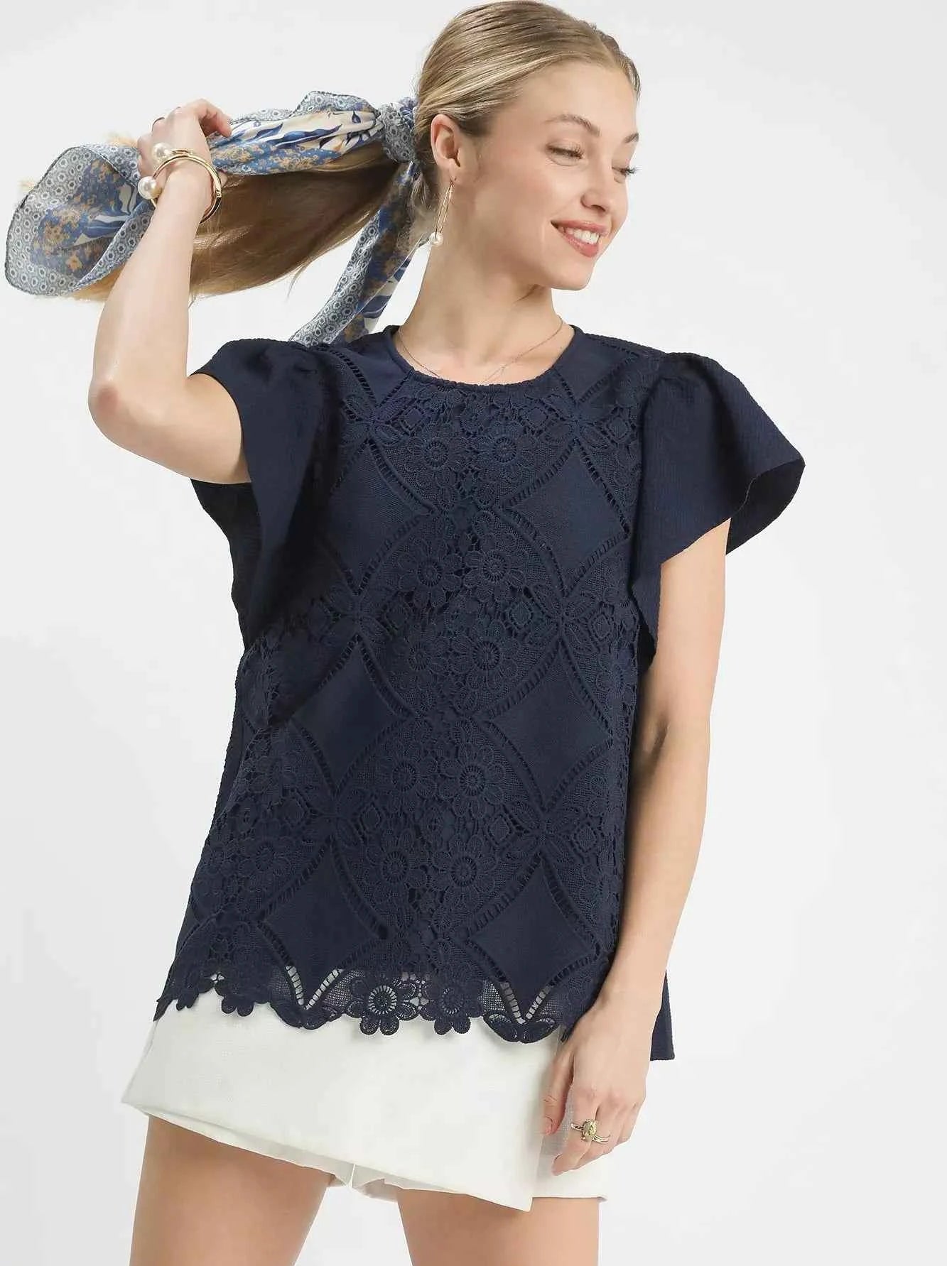 Umgee Blouse Floral Lace Navy Blue Overlay Flutter Short Sleeve Top NAVY 921343b8-100c-45ff-8d45-16fdf441a1f0-Max-Origin Trendsi