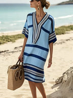 Plus Size Full-Length Striped Midi Dress with Half Sleeves