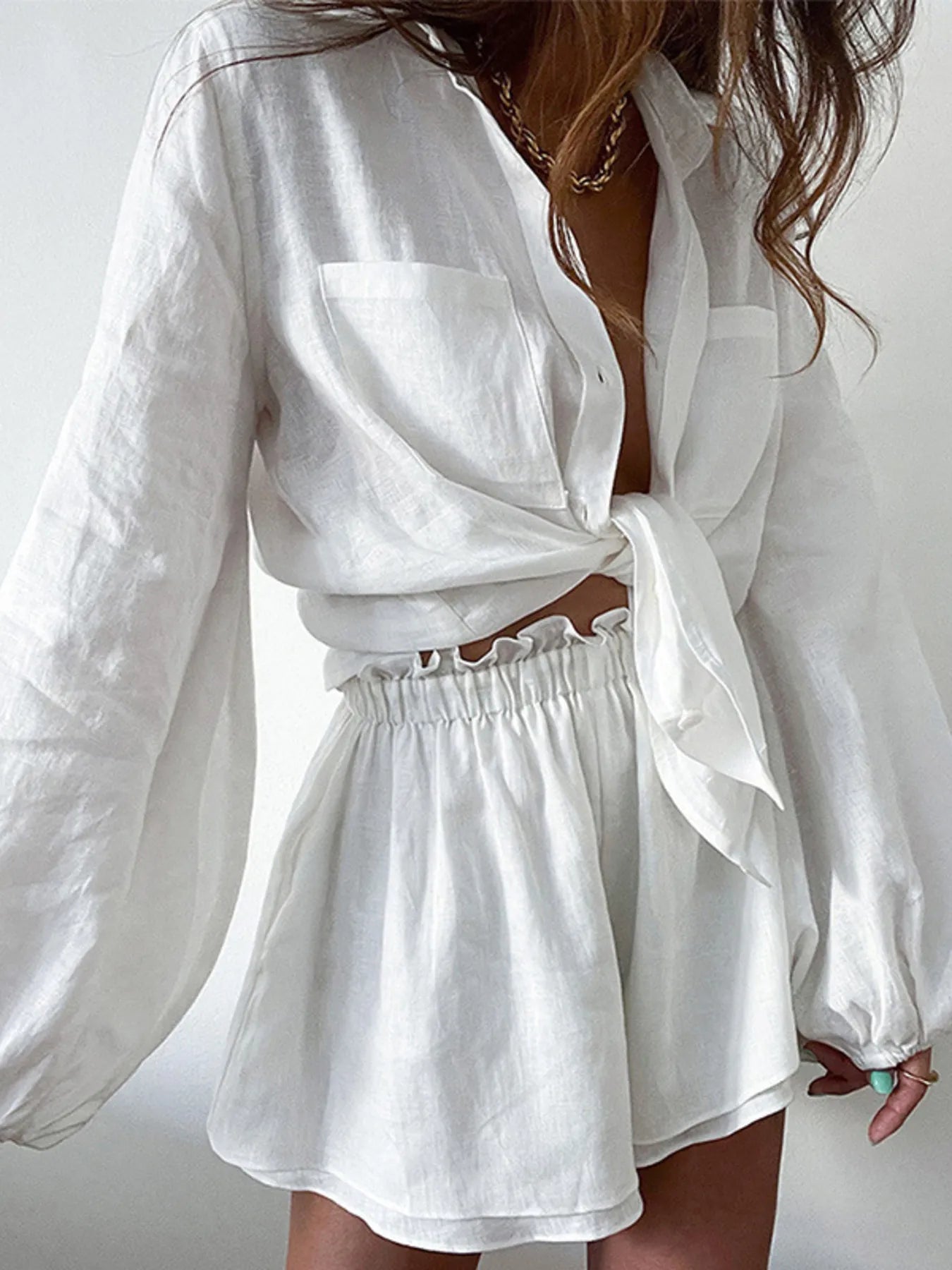 Women's Outfit Set Shirt Balloon Long Sleeve Top and Shorts Lightweght White 921f187ac783436fb5c10146ffef4d47-Max-Origin Trendsi