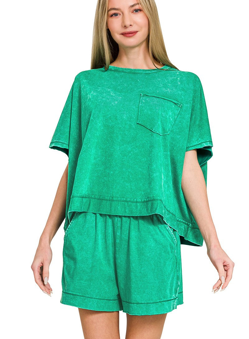 Zenana Acid Washed Oversized Top & Shorts Set