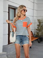 Women's T-Shirt Striped Round Neck Short Sleeve Front Pocket Top 9223b001-11c0-463d-a343-0be3cc4c6126-Max Trendsi