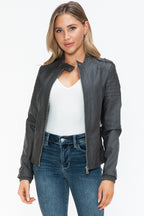 Snobbish PU Leather Biker Jacket Women Black with Side Zip Pockets Charcoal 922555bc-1d58-4fa3-9c26-2be1d63aee3b-Max Trendsi