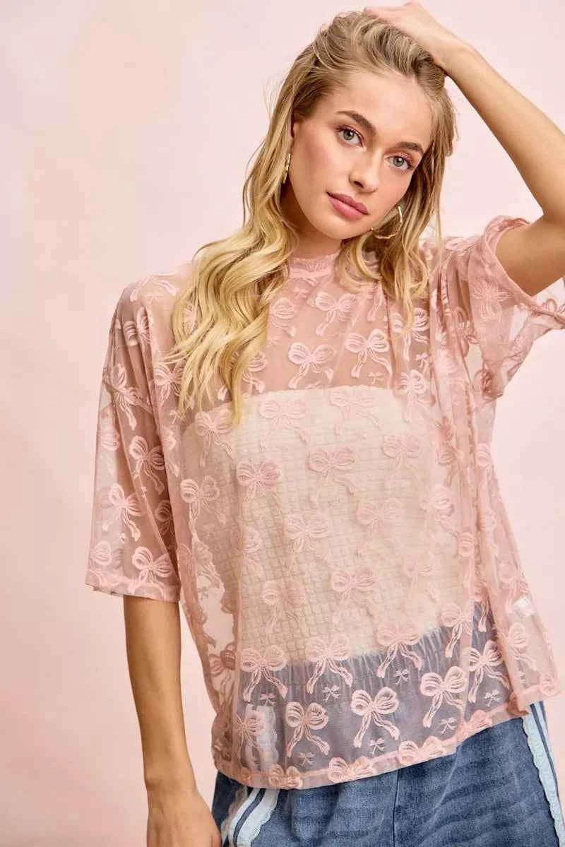 BiBi Bow Pattern Short Sleeves Boxy Mesh Top