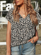 Multicolor V-Neck Short Sleeve Leopard Print Blouse