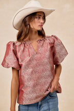 BiBi Jacquard Womens Blouse Red Woven Short Balloon Sleeves V Neck Top 9231799f9610478487b5e20e27e71a50-Max-Origin Trendsi
