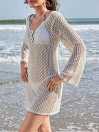 Swimwear Cover-Up Mini Dress Knit Long Sleeve Flower V Neck Apricot 92333142-438f-4d25-8975-5ac9eb555db5-Max-Origin Trendsi