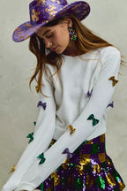 SO ME Sweater Knit Top Mardi Gras Glitter Bow Ribbon Ivory 92339e22ddc1493da71fd18f6ec6716b-Max-Origin Trendsi