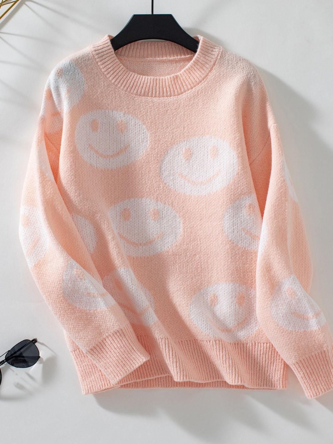 Sweater Smile Pattern Round Neck Long Sleeve Knitwear Watermelon pink 9236fb3f-5a8a-4ff8-a82e-759a0318973d-Max Trendsi