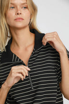Umgee USA Striped Black Sweatshirt Cotton Blend Half Zip Short Sleeve Collared 923e9fe8-6e42-4473-9f27-7ea59e1b14f8-Max Trendsi