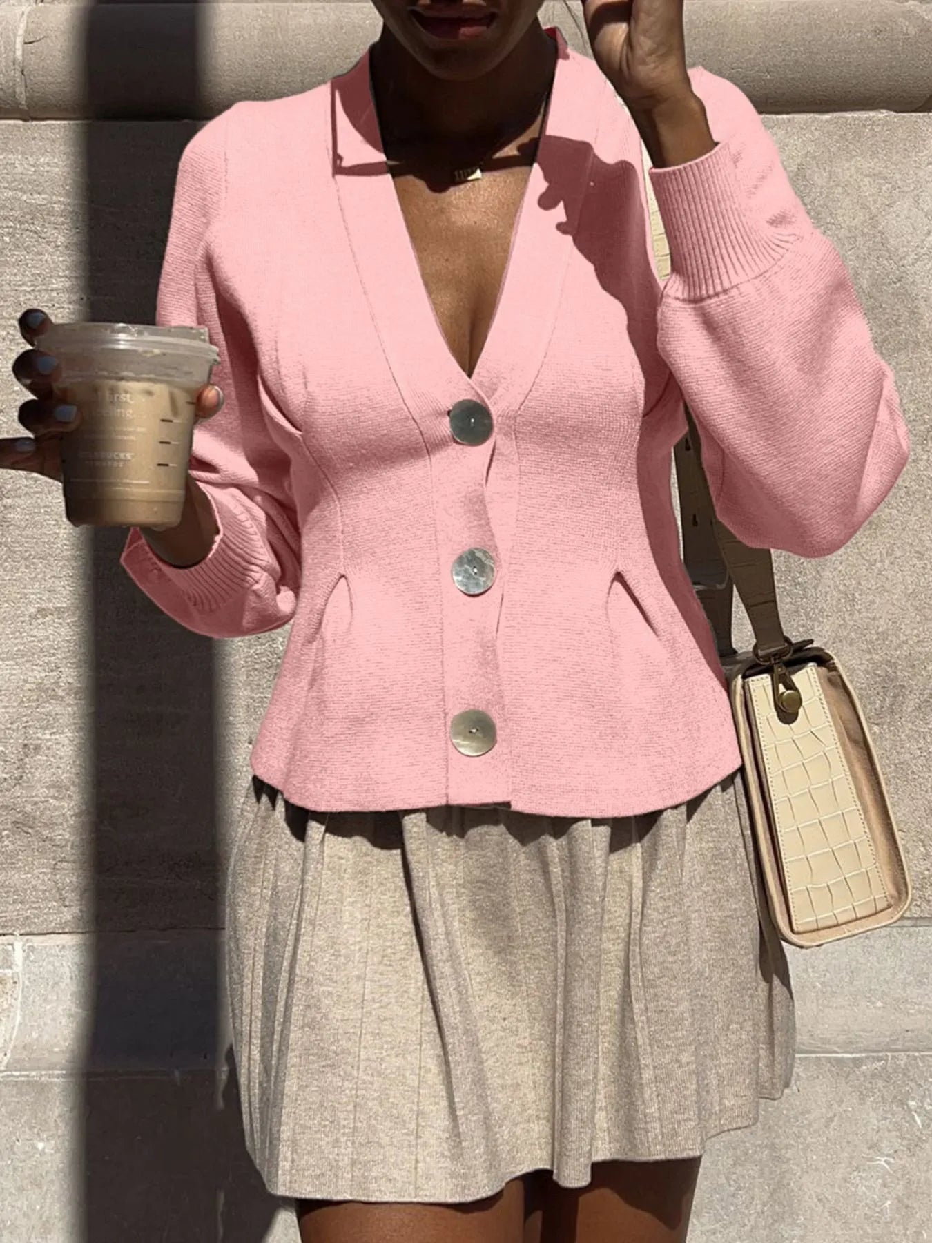 Women's Cardigan Knit Ruffled V-Neck Button-Up Long Sleeve 924605bb-7748-446b-8404-9b9d9d2147f3-Max-Origin Trendsi