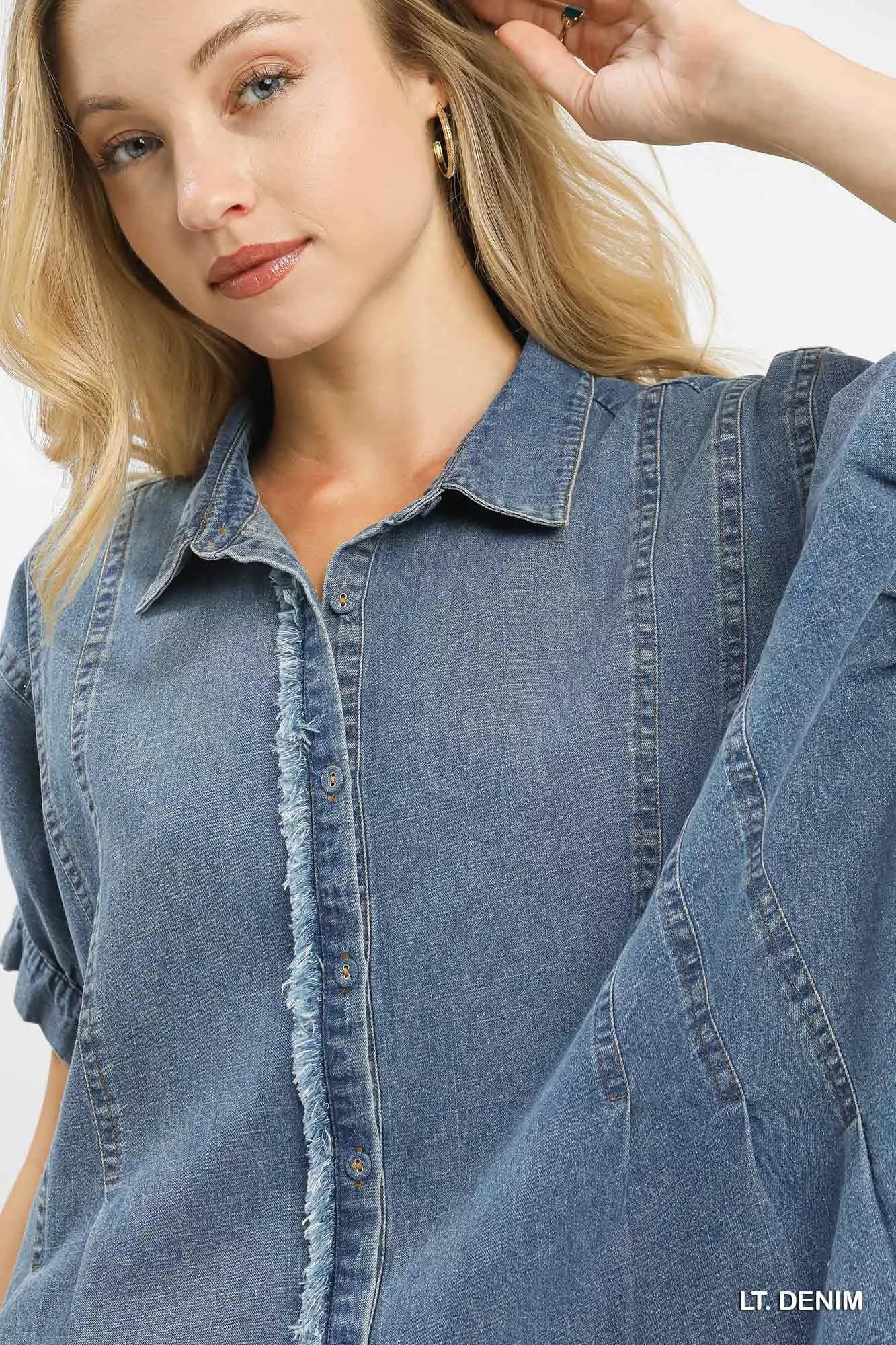 Umgee Womens Blouse Washed Light Blue Denim Oversized Top 924be743-435c-4e61-8e85-239cf8fcb720-Max-Origin Trendsi