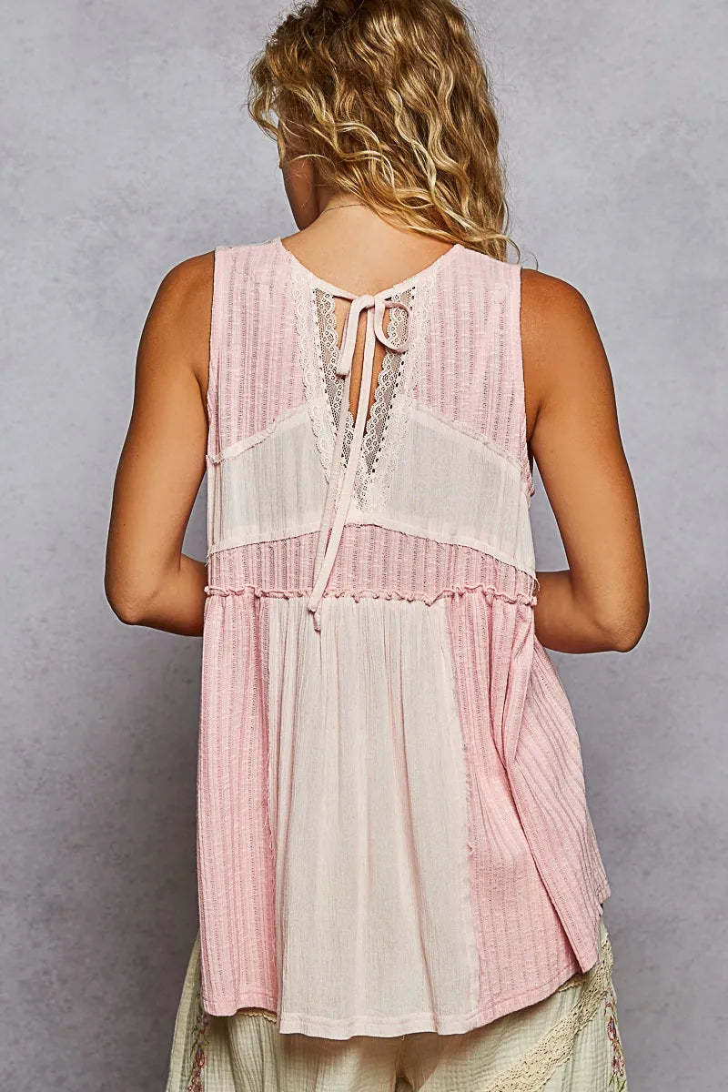 POL Tank Top Pink Lace Trim Two-Tone with Pintuck Detail Tied Sleeveless 924c1d43-ce45-4549-a2fc-16ca48a8529c-Max-Origin Trendsi