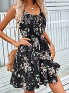 Floral Print Mini Dress Spaghetti Strap Summer Tied Neck Ruffled Black 924c74e9-ae1c-49eb-8d0e-4d0f02d50326-Max-Origin Trendsi