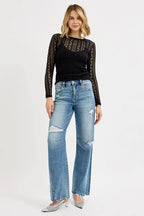 RISEN Women's Jeans Mid Rise Fit Wide Baggy Leg Tie Washed Raw Hem Denim 924c7a3ea0034d6e9258bd7f4e9efff7-Max-Origin Trendsi