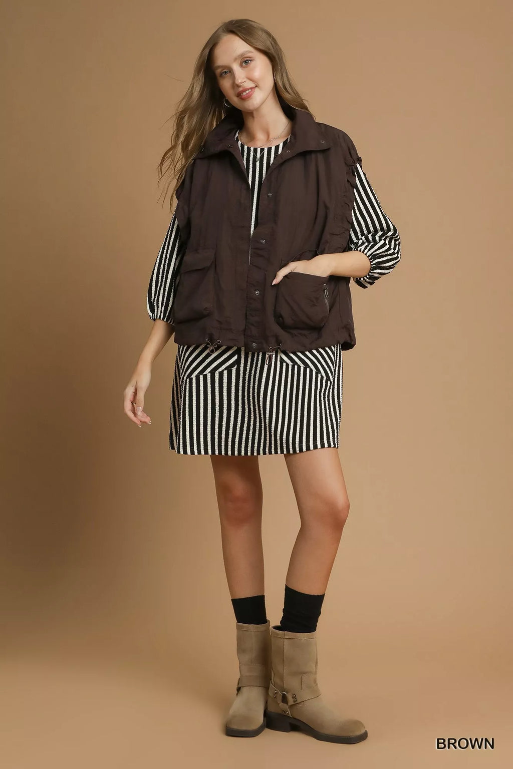 Umgee Womens Vest Coat Brown Nylon Sleeveless Jacket with Pockets 925928fe-2ac5-491f-b433-8524216cfa7e-Max-Origin Trendsi