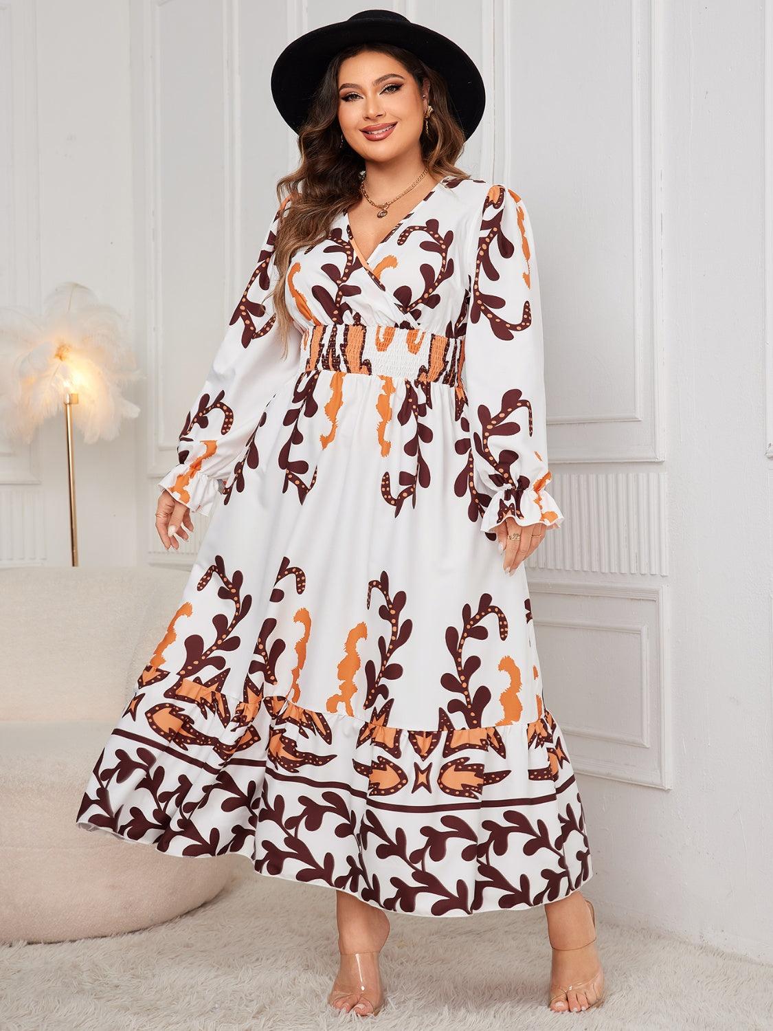 Plus Size Dress Printed Surplice Flounce Long Sleeve V Neck 925a5a81-4c79-43b1-8783-25320b3edf48-Max Trendsi