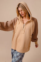 BiBi Women's Hoodie Taupe Half Zip French Terry with Kint Sleeves 926099ff68324aa5986123921d93847b-Max-Origin Trendsi