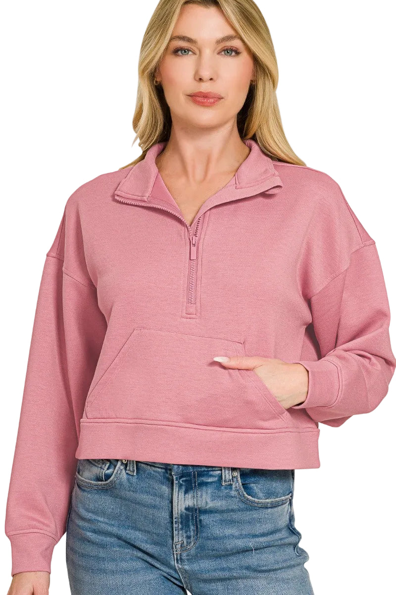 Zenana Scuba Half-Zip Pullover Sweatshirt with Kangaroo Pockets