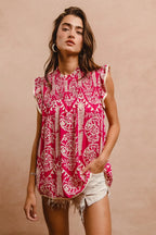 BiBi Women's Blouse Pink Floral Printed Ruffle Short Sleeve Top 926f4bde284c440d84555b3b670b9f89-Max-Origin Trendsi