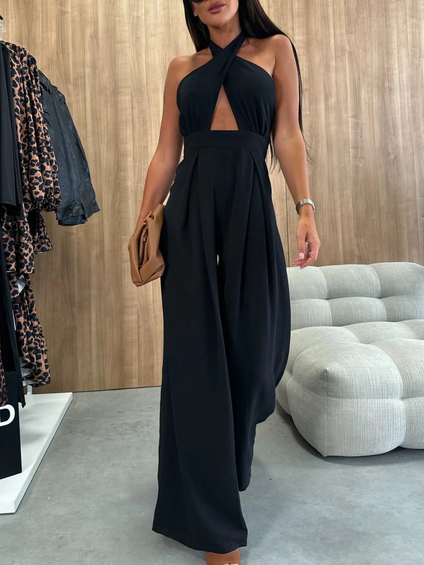 Women's Jumpsuit Wide Leg Cutout Halter Neck Backless Zipper Overall Black 92743eb3-3db3-4830-b4b0-b7e67263d492-Max-Origin Trendsi