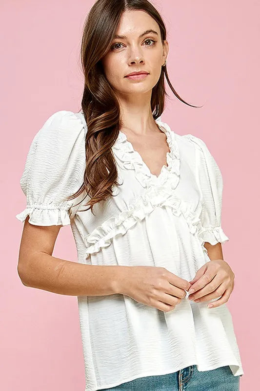 Lime 'N' Chili Babydoll Top Ivory Solid Ruffled Deep V-Neck Puff Short Sleeve 92748864fe2e4f448c55b24c83c48ab5-Max-Origin Trendsi