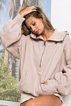 BiBi Womens Fleece Hoodie Taupe Stitch Detailed Elastic Hem Half Zip Top 927b8595-d4cd-4f3a-b69f-9955993d7863-Max-Origin Trendsi