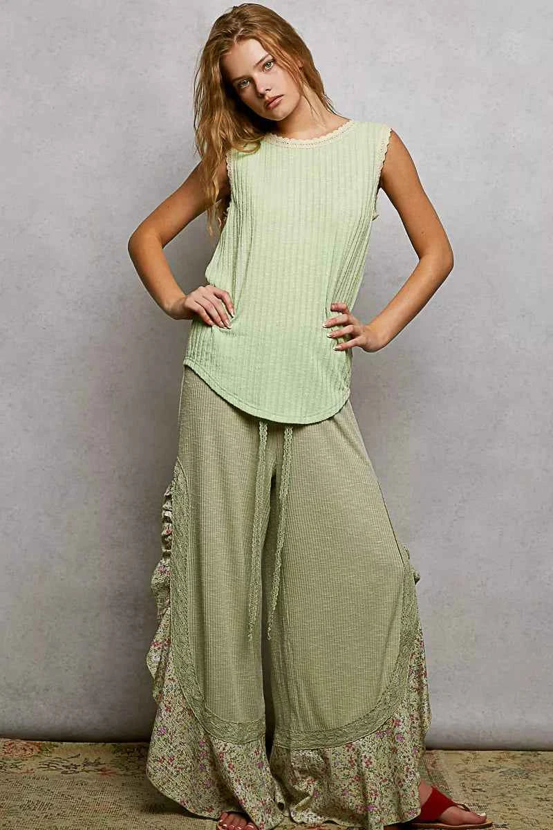 POL Ribbed Round Neck Tank with Lace Trim