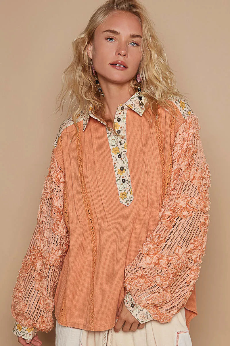 POL Shirt Blouse Woven Lace Floral Half Button Long Sleeve Top Sherbet 928c8136-b901-45f4-82a1-8654d2c9b34a-Max-Origin Trendsi