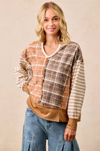 BiBi Womens Blouse Plaid And Stripe Mix And Match Top With Open Seam 929909b1c7e44008bd07ec981a77dae0-Max-Origin Trendsi