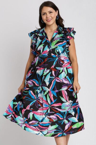Umgee Ruffle Dress Leaf Black Colorful Print Double Layered Short Sleeve 92a1dc16-4b84-4f59-a6d5-da1869233e9b-Min Trendsi