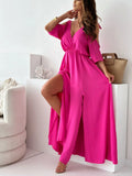 Maxi Summer Dress V Neck Tied Shoulder Slit Short Sleeve High Waisted Hot Pink 92a420fc-cd0c-40a5-a699-de2fd1fee039-Max-Origin Trendsi
