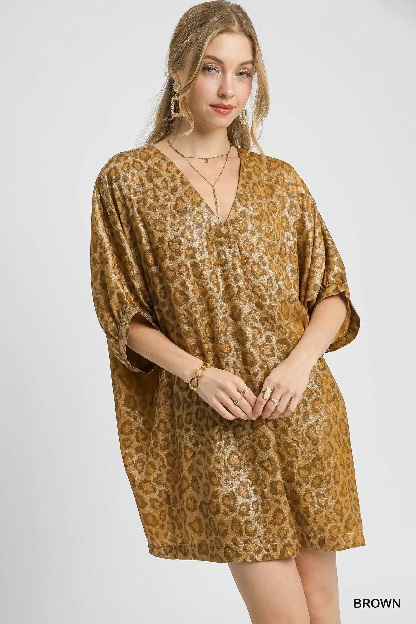 Umgee Kimono Dress Metallic Leopard Print Brown V-Neck Oversized Brown 92ac9f00-4fba-42da-97b2-014fac0d7bcc-Max-Origin Trendsi