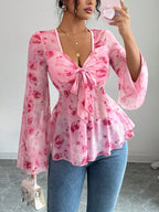 Floral Print Chiffon Blouse with Tie Front and Flared Sleeves