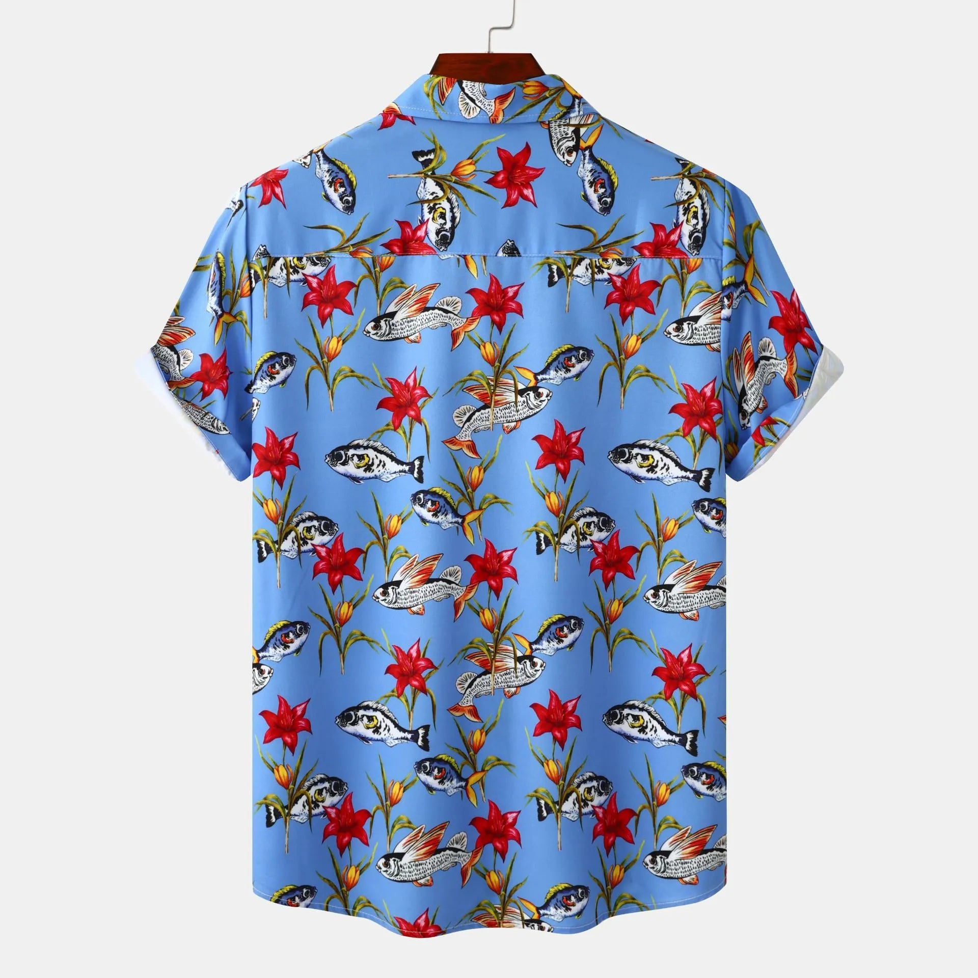 Men's Button-Up Shirt Sky Blue Floral Fish Summer Print Short Sleeve Top 92b846e9f509489085179e8201c02f16-Max-Origin Trendsi