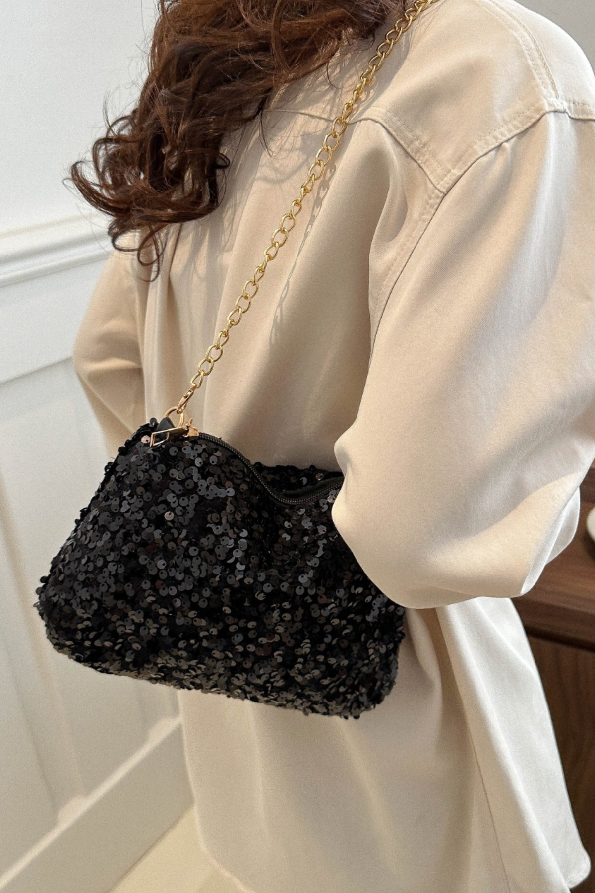 Sequin Shoulder Bag Women Small Chain Metal Strap Zipper Purses