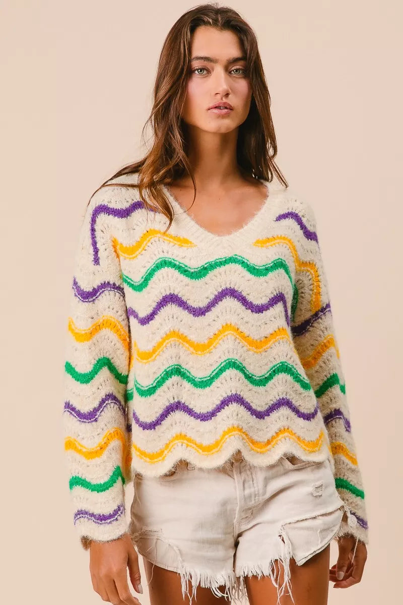 BiBi Womens Sweater Mardi Gras Wavy Stripes V-Neck Open Knit Pullover 92c1359b7ec34962991ff9cb9240485c-Max-Origin Trendsi