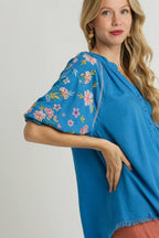 Umgee Top Linen Blend Half Button with Embroidery Short Sleeves Blue 92c5a97a-931c-4f8e-a751-feba56602404-Max Trendsi