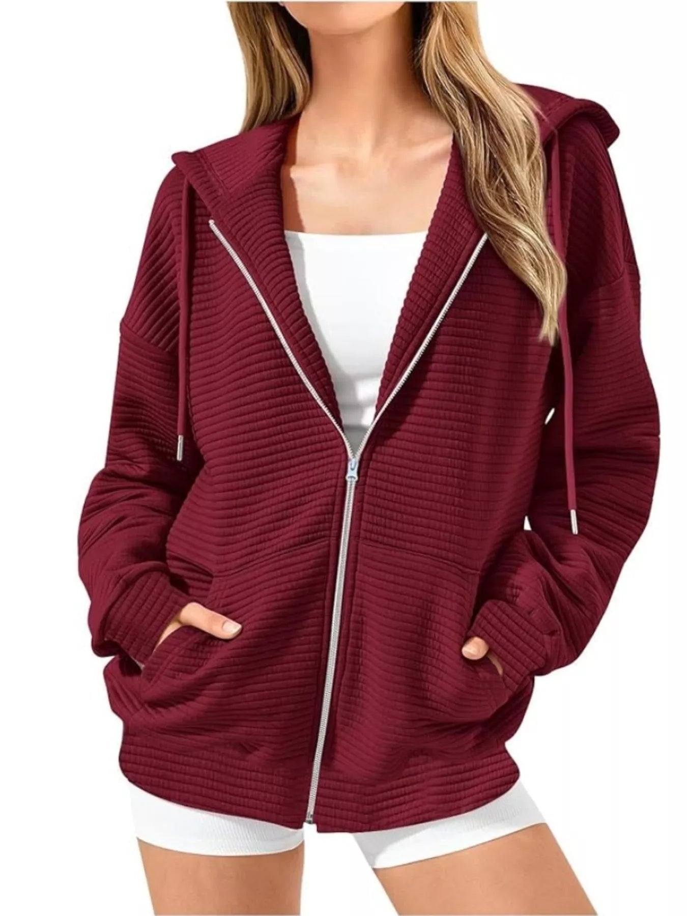Women's Hoodie Zip Up Drawstring Hood Dropped Shoulder Long Sleeve Wine Red 92d2aaf3a6344b47b6f11081a8a4b57b-Max-Origin Trendsi