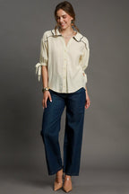 Umgee Shirt Ecru Embroidered Detail Short Bow Sleeve Top 92d49762-5a08-44c4-8ccb-2a5df847f24a-Max Trendsi