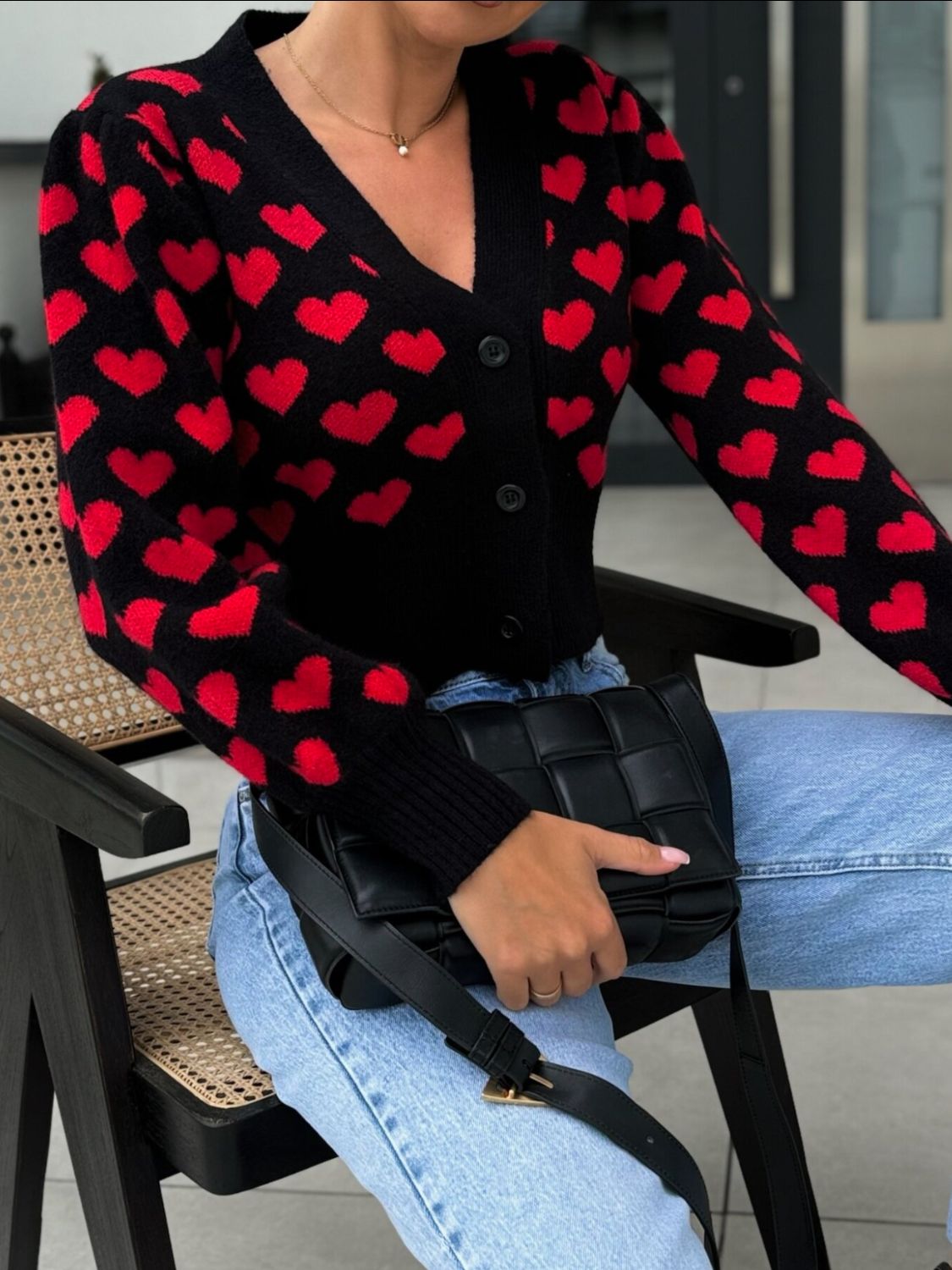 Valentine’s Day Heart Cardigan V-Neck Cropped Black Knit Long Sleeve